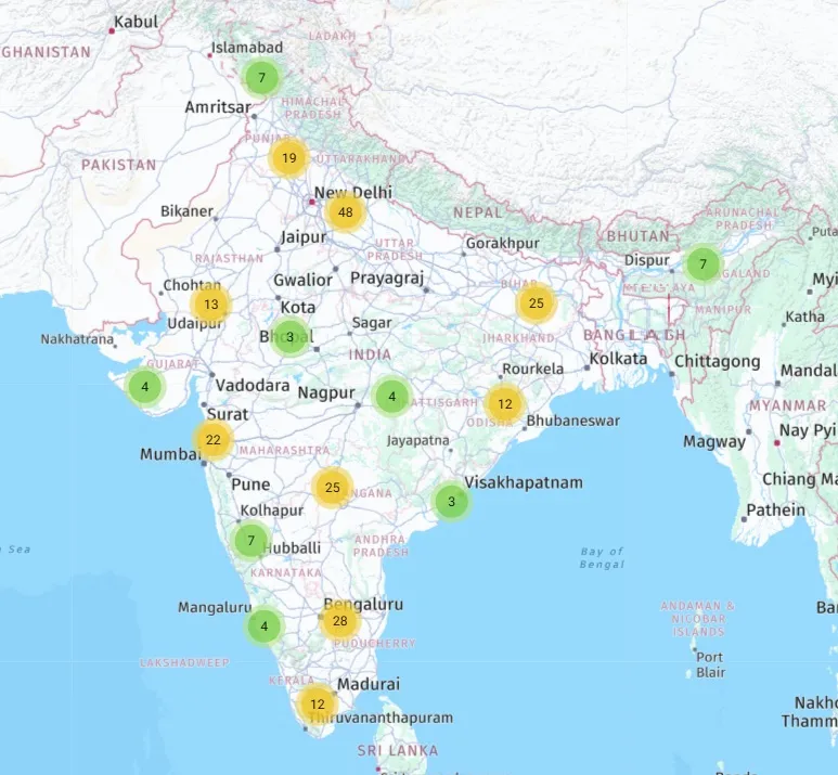 India map showing SPLAKDHN GPS dealer locations across major cities